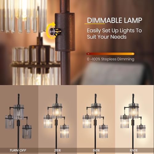 Industrial Floor Lamps for Living Room, Dimmable Floor Lamp Modern Standing Lamps with Glass Lampshade, Rotary Switch, LED Bulbs, Tall Lamps for Bedroom, Office (1 Lampshade)