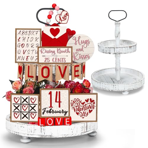 19 Pcs Valentine‘s Day Tiered Tray Decorations Set and 2 Tiered Tray Stand with Handle Tabletop Table Decoration for Valentine‘s Day Home Office Farmhouse