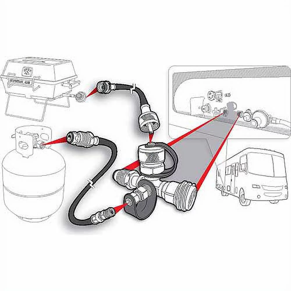 Camco 59123 Propane Brass 4-Port Tee - With 5' and 12' Extension Hoses