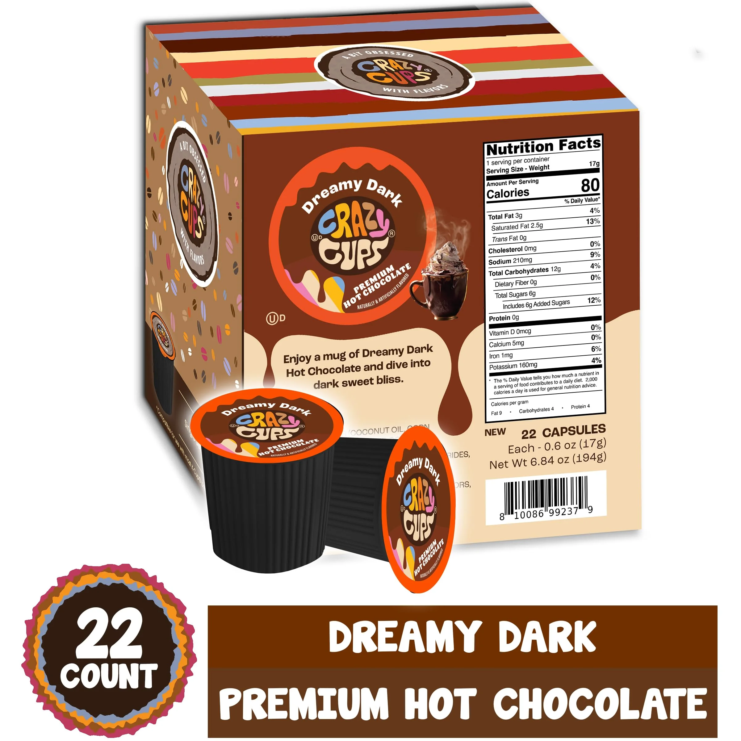 Crazy Cups Dreamy Dark Chocolate Hot Chocolate Pods for Keurig K Cups Brewers, Single Serve Dark Hot Cocoa Pods, 22 Count