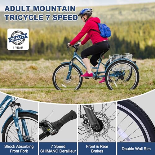 Adult Mountain Bike, 7 Speed Three Wheel Bike Mountain Tricycle Cruiser Trike, 24/26/27.5 Inch Adults Trikes with Shopping Basket, Exercise Men's Women's Tricycles