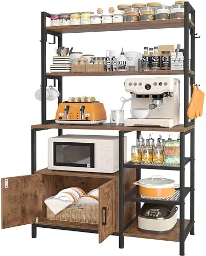 HBBOOMLIFE 6-Tier Bakers Rack  Microwave Stand with Shelves  Kitchen Coffee  Table  Heavy Duty  Shelves with Cabinet  Wide Bakers Rack for Kitchen  Kitchenid Mixer  Air Fryer  Oak