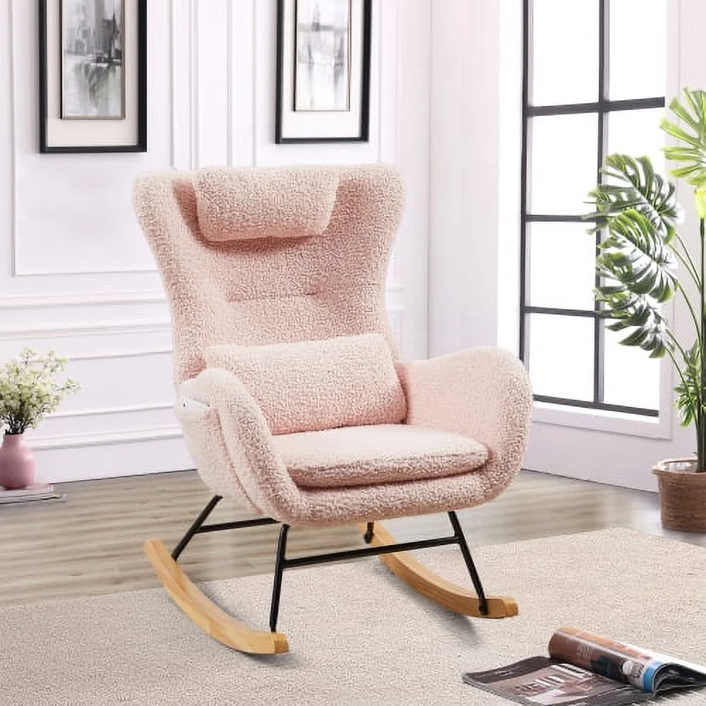 Rocking Chair Nursery, Modern Rocking Chair with High Backrest - Pink