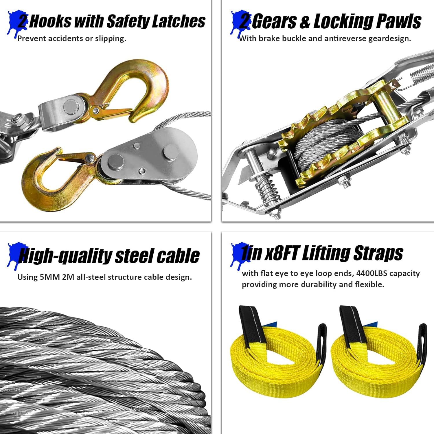 Come Along Winch Ratchet Tool 2T Heavy Duty 2 Hooks Steel Cable Dual Gear Power Puller Two 1