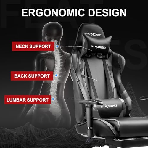 GTRACING Gaming Chair with Footrest, Ergonomic Computer Game Desk Chair, Recline Gaming Chair Seat Height Adjustment, Swivel Rocker with Headrest and Lumbar (Blue)