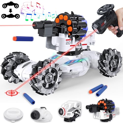 4 Head RC Tank Cars That Shoots Nerf Bullets, Bubble, Spray, Nerf Tank Remote Control Car for Boys 6 7 8 9 10 11 12 Year Old, RC Stunt Car Chase Light Control, LED Light, Music, Kids Toy Gift