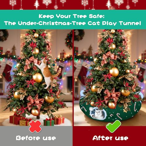 LUCKITTY Cat Tunnel Bed in 3FT x 3FT x 9.8IN - Decorative Christmas Style with Snowman and Glove Patterns - Red Color Perfect for Festive Felines