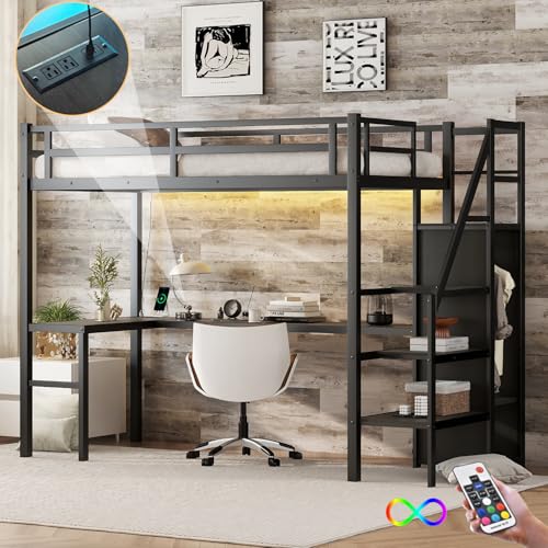 Twin XL Industrial Metal Loft Bed with L-Shaped Desk, USB, LED, Wardrobe, Adjustable Shelves, and Stairs (Black)
