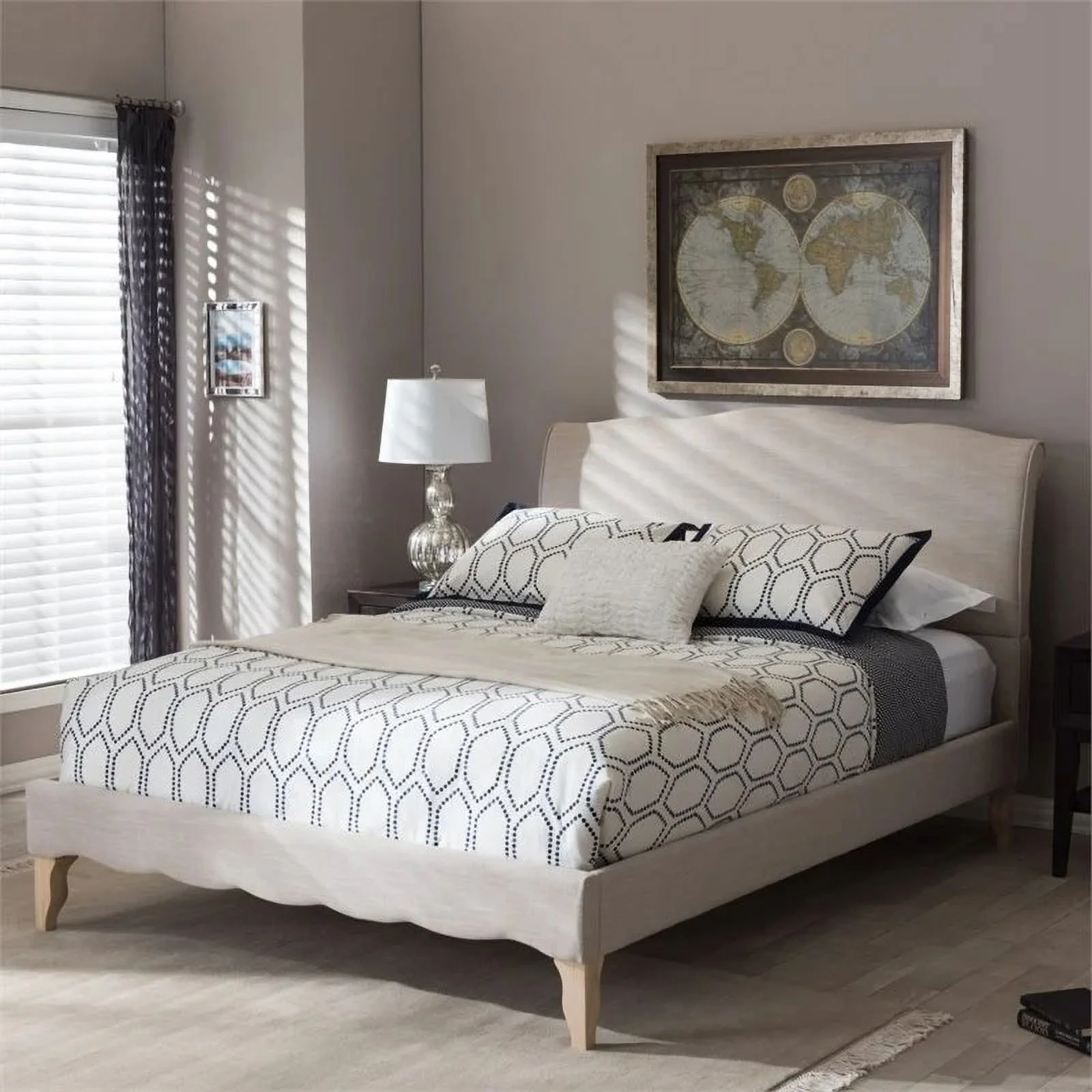 Bowery Hill Modern Upholstery Fabric Queen Platform Bed in Beige