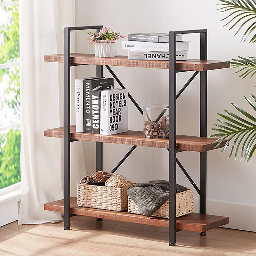 sell well 4 Tier Natural Real Wood Bookshelf  4 Shelf Rustic Solid Wooden and Metal Bookcase  Farmhouse Open Vintage Industrial Etagere Book Shelf for Office Living Room Bedroom Storage