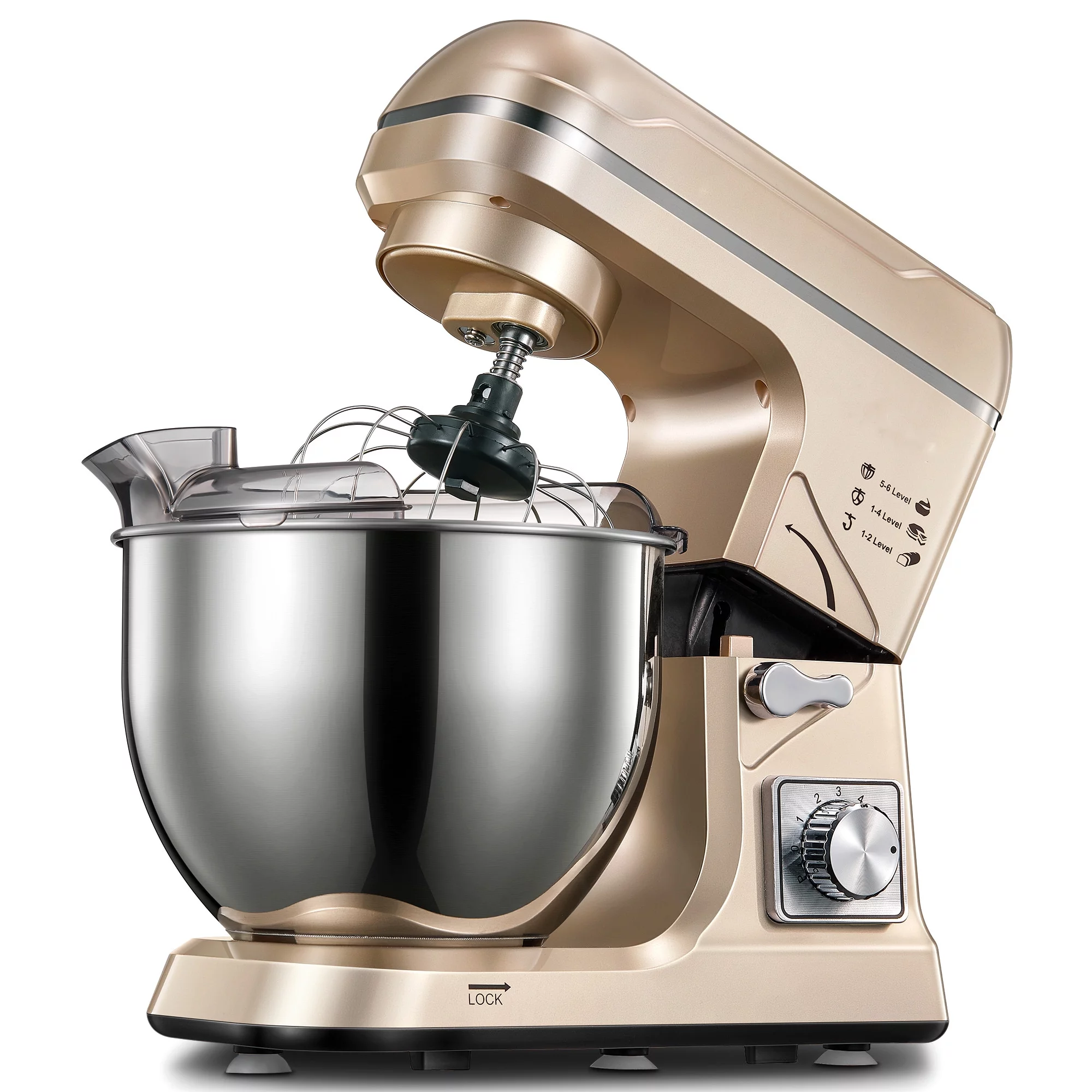 Kealive 5.5QT Tilt-Head Stand Mixer, 6+P Mess-free Kitchen Electric Mixer with Dough Hook, Whisk & Beater, Gold