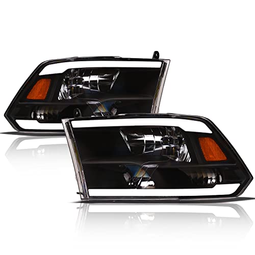 Alpha Owls 8710401 Crystal Headlights With Switchback Sequential LED Light Bar & Startup Light - Black Amber Fits 2009-2018 Dodge Ram 1500 2500 3500/2019-2023 Classic Halogen Models