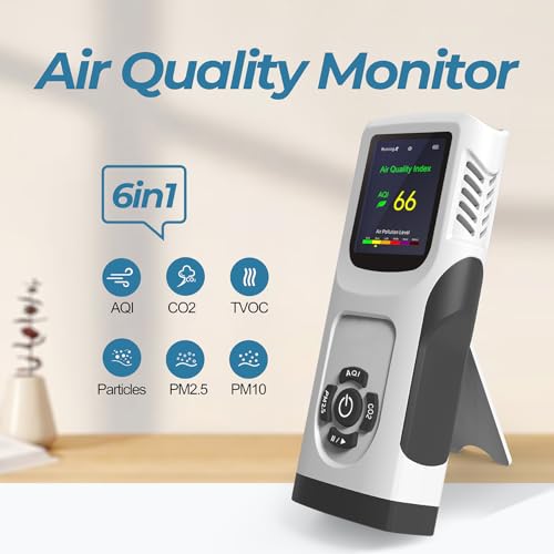 6-in-1 Air Quality Monitor Indoor CO2 Monitor, 3000mAh AQI TVOC Air Quality Tester for Home PM2.5 PM10 Particle Counter Air Quality Monitor with Graph, Portable Outdoor LED Screen