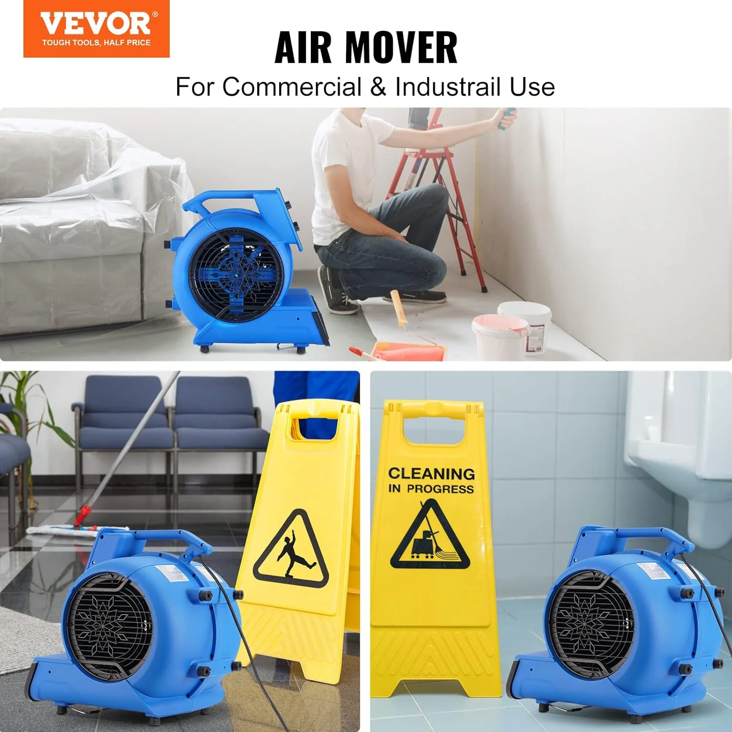 Air Mover, 1/2 HP 2600 CFM Carpet Dryer for Cooling and Ventilating, Portable Floor Blower Fan with 4 Blowing Angles and Time Function, for Janitorial, Home, Commercial Use