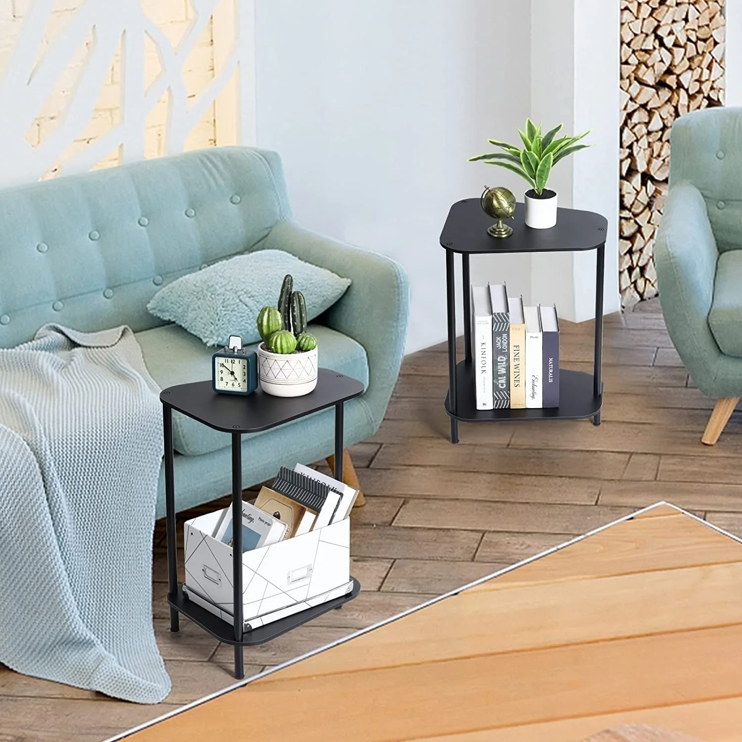 Small End Tables Living Room Set of 2 Trapezoid - Black