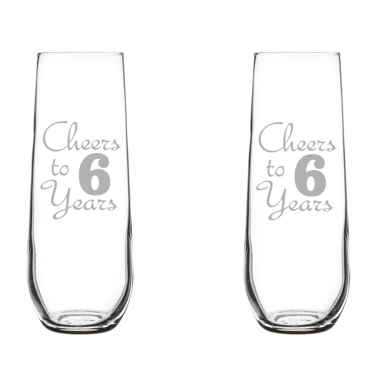 Set of 2 Glass Champagne Flutes Sparkling Wine Glasses Anniversary Cheers 6 Years (8.5 oz Stemless)