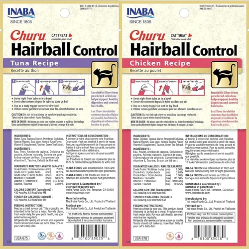 INABA Churu for Cats, Functional, Creamy Lickable Purée Cat Treat for Hairball Control, 0.5 Ounces Each, 24 Tubes (4 per Pack), 2 Flavor Tuna and Chicken Variety Pack