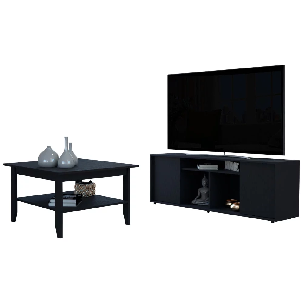 CoSoTower 2-Door 7-Shelf 2-Piece Living Room Set, Coffee Table and TV Stand Black