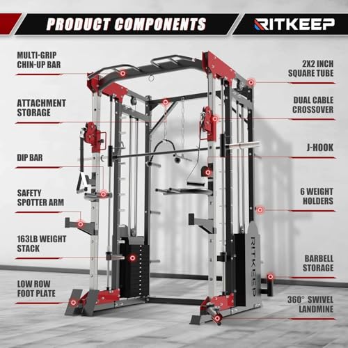 Smith Machine,RitKeep PMAX 5600 Pro,All-in-One Home Gym Equipment with 320lb Weight Stack,Includes T-Bar Row,LAT Pulldown Bar,and More Attachment,2200lb Capacity,for Home Gym Use