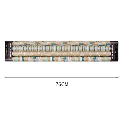 RUSPEPA Christmas Kraft Wrapping Paper - Owl, Reindeer, Christmas Ball and Text Design - 4 Rolls - 30 inches x 10 feet per Roll