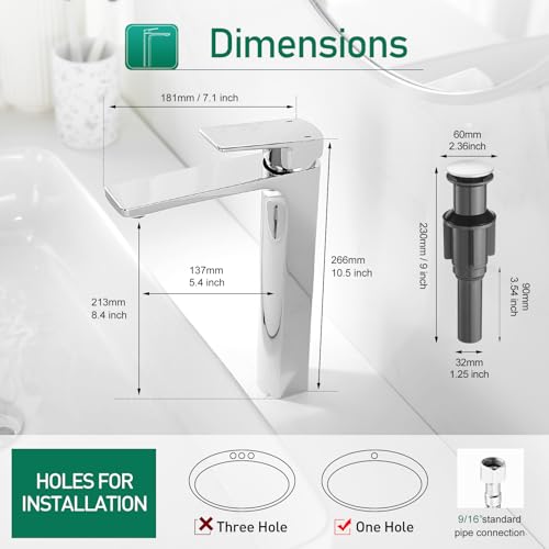 VOTON Vessel Sink Faucet Matte Black Tall Bathroom Faucet Single Handle Vanity Bathroom Sink Faucet 1 Hole Basin Mixer Tap with Water Supply Hose and Pop Up Sink Drain