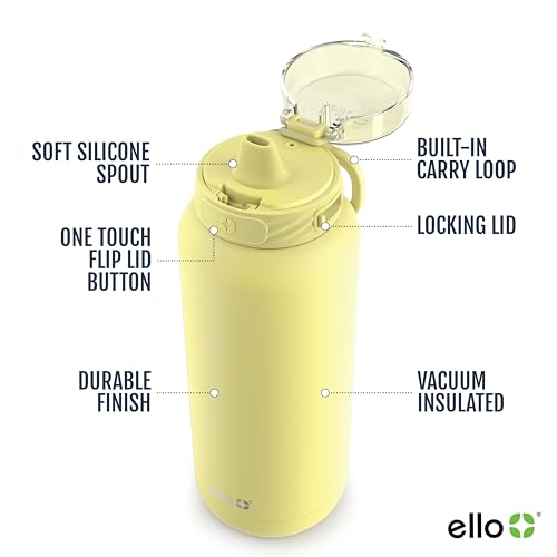 Ello Cooper 32oz Stainless Steel Water Bottle with Straw and Carry Handle, Double Walled and Vacuum Insulated Metal, Leak Proof Locking Lid with Soft Silicone Spout, Reusable, BPA Free, Yucca