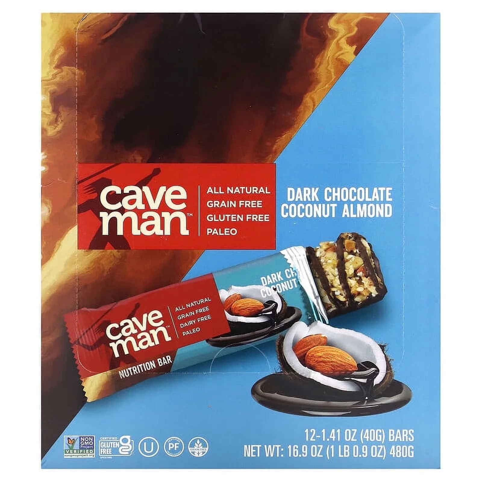 Caveman Foods Nutrition Bars Gluten Free Paleo Dark Chocolate Almond Coconut -- 12