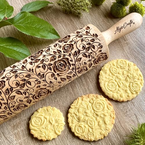 DAMASCUS ROSES Embossed Rolling Pin Wooden Embossing Dough Roller for Cookies and Ceramic by Algis Crafts