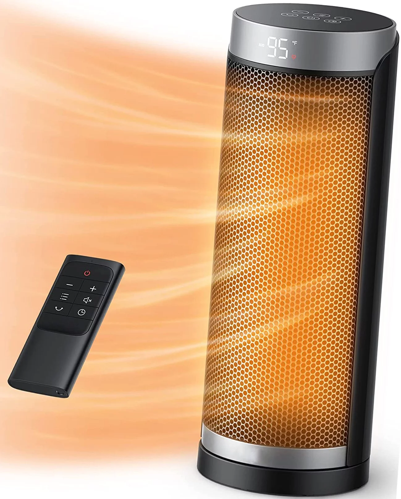 Space Heater, 2022 Upgraded 1500W Fast Heating Electric Ceramic with Remote, Digital Thermostat, Overheating & Tip-Over Protection, 70°Oscillating, Portable, Black, 16 inch