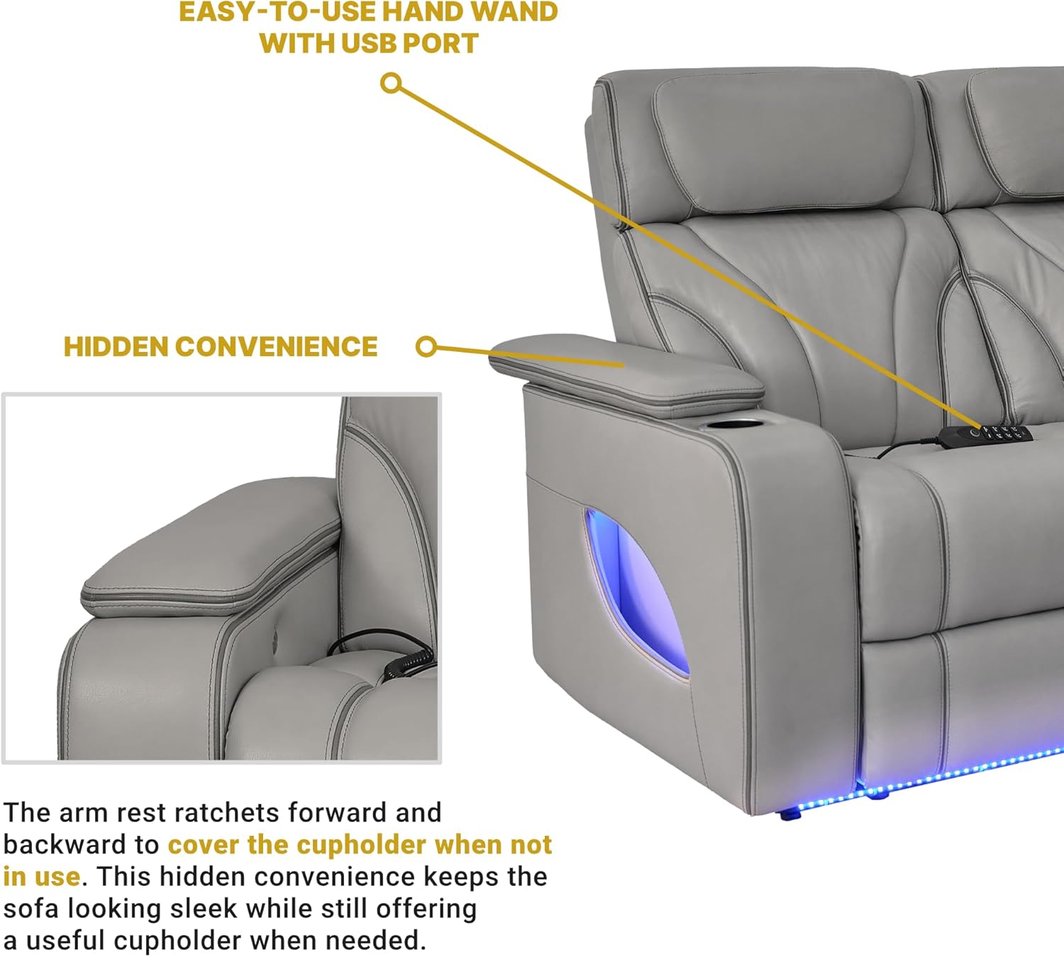 Armen Living Octavia Modern Zero Gravity Power Reclining Heated Massage Sofa, 86