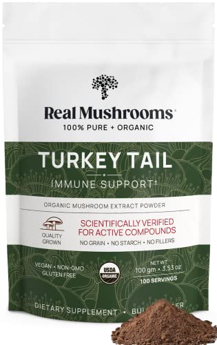 Real Mushrooms Turkey Tail Powder - Organic Mushroom Supplement with Potent Turkey Tail Mushroom Extract for Gut, Energy, Brain, & Immune Support - Vegan Mushroom Powder, Non-GMO, 100 Servings