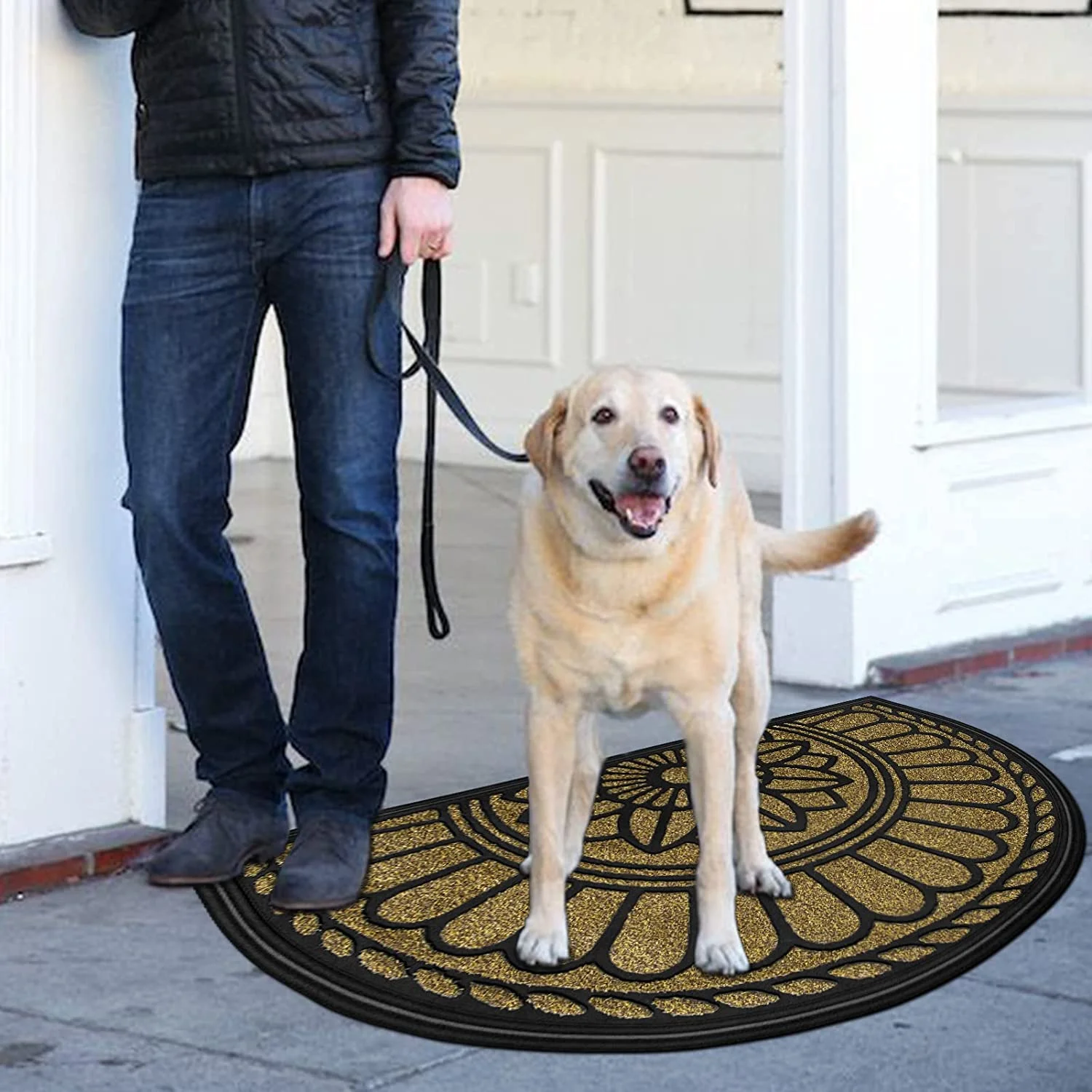 Superior Hub Half Round Door Mat,Non-Slip Welcome Entrance Way Mat, Durable Rubber Door Mats,Low-Profile Heavy Duty Doormat, Half Circle Mats for Garage,Patio, High Traffic Areas, 23.5" x 35.5",Brown