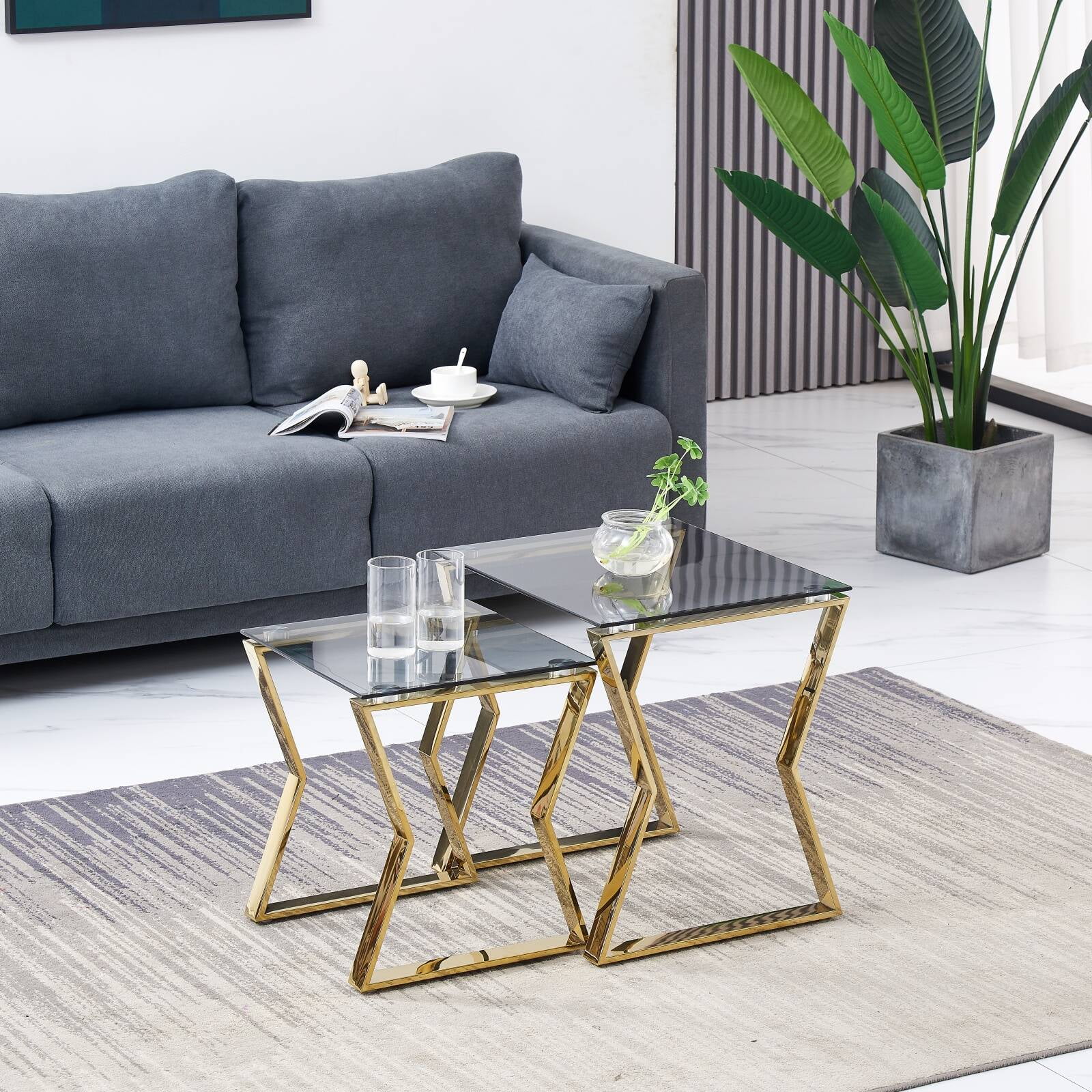 KEIVVAKN 2 Pieces Nesting Tables Gold Glass End Table Modern Small Coffee Table Stainless Steel Frame Tempered Glass Top Side Table Sofa Table Center Table for Small Spaces Living Room
