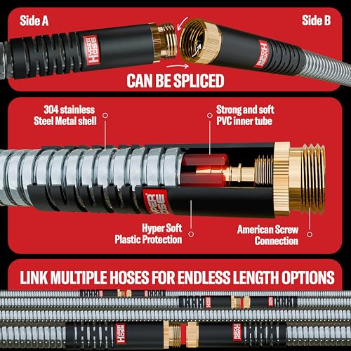 Best 100 ft Metal Garden Hose Set - No-Kink Durable 316 Stainless Steel, 10-Way Zync Spray Nozzle & Hook – Tough Flexible Heavy Duty Water Hoses, Naval Brass, Rust, Weather, LeakProof