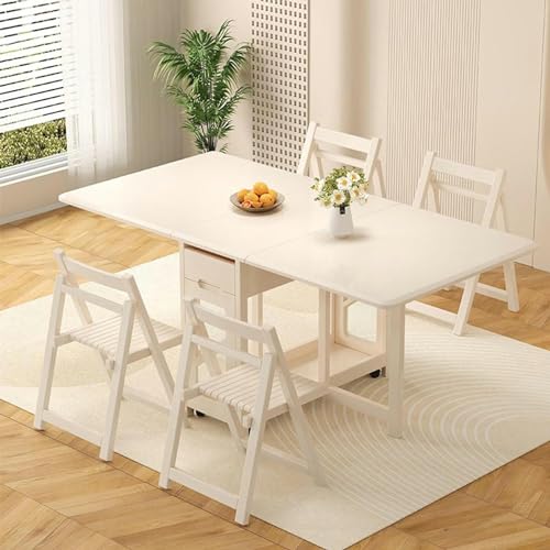 White Folding Dining Table, Wooden Drop Leaf Kitchen Table with 4 Brake Wheels, Drawers, Storage Cabinet, Expandable Space Saving Dining Room Table for Small Spaces, 140CM