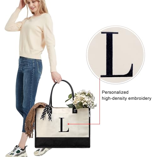 BeeGreen Mother's Day Gifts Personalized Women's Large White and Black Canvas Tote Bag, Embroidered Initials, Leather Handle, Zipper Closure