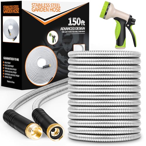 Garden Hose 50 ft, Stainless Steel Water Hose with 10 Function Nozzle Flexible, Heavy Duty, Lightweight, No-Kink, Pet Proof, Puncture Proof Hose Metal for Yard, Outdoor