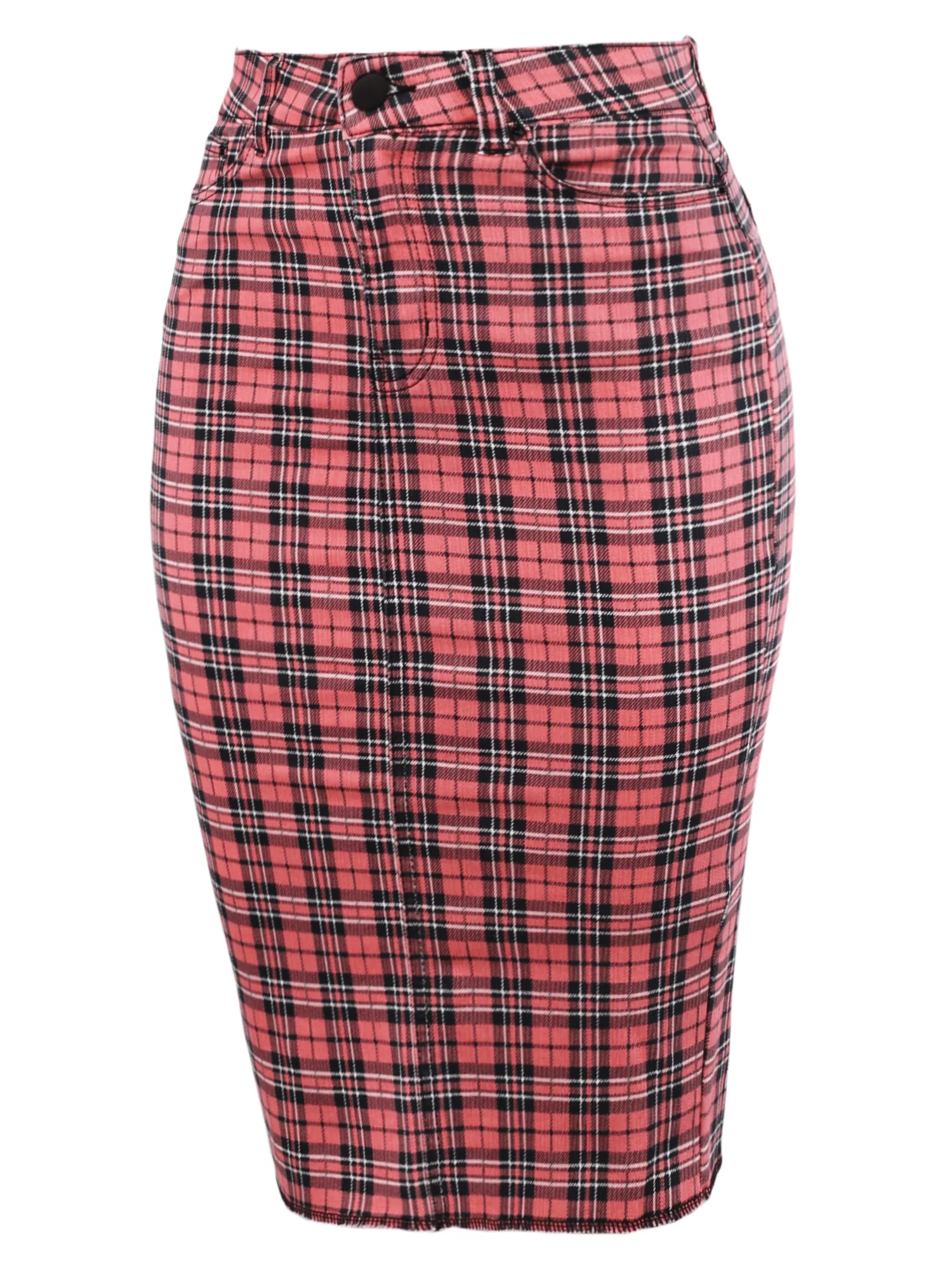 A2Y Women's Slim Fit Rayon Knee Length Back Slit Denim Jean Pencil Skirt Pink Plaid Check M
