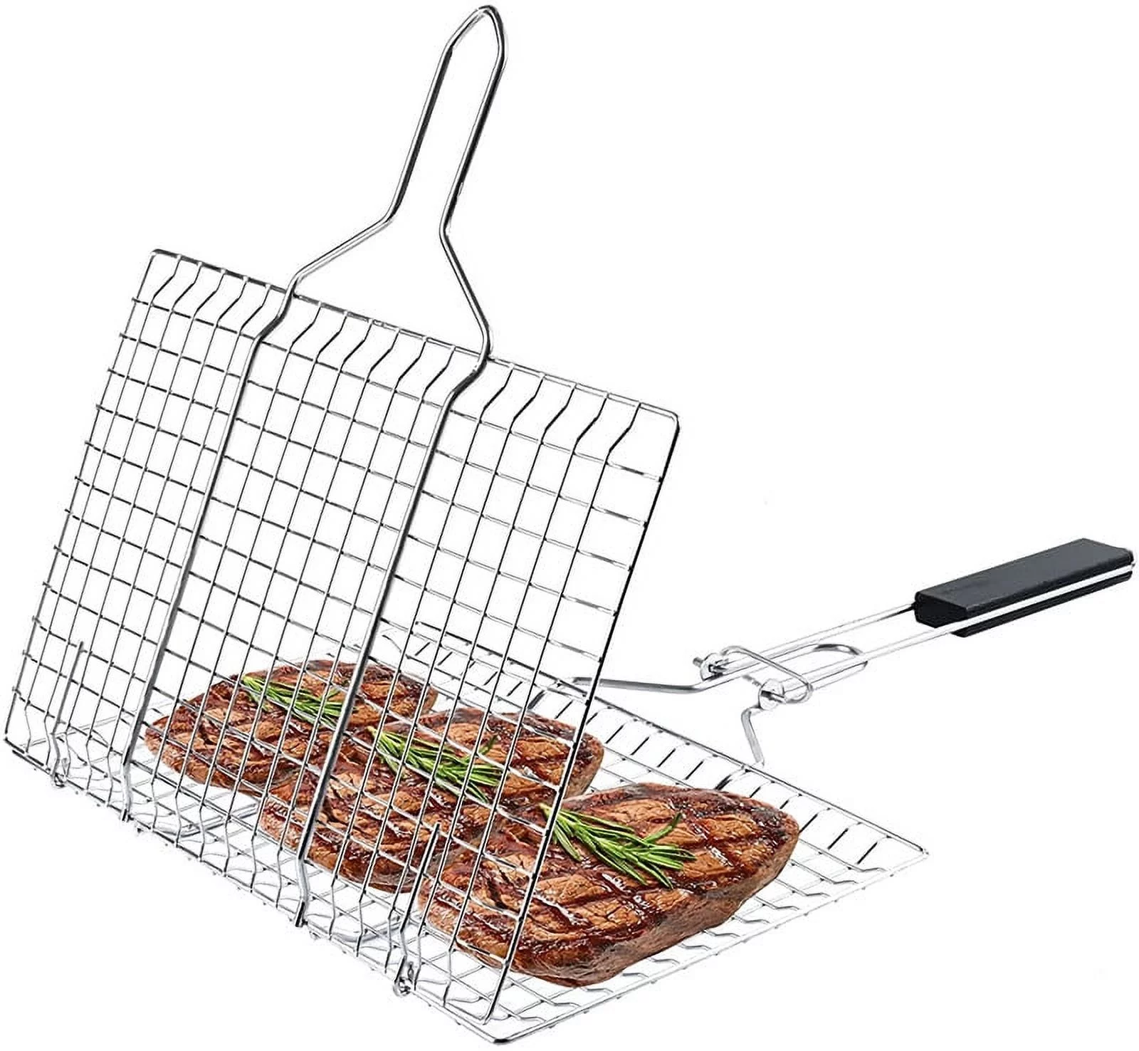 Grill Basket, Fish Grill Basket, Rustproof 304 Stainless Steel BBQ Grilling Basket for Meat,Steak, Shrimp, Vegetables, Chops, Heavy Duty Grill Basket Outdoor Grill Accessories
