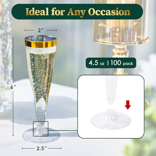 FOCUSLINE 100 Pack Plastic Champagne Flutes, 4.5 Oz Gold Rim Plastic Champagne Glasses, Disposable Clear Toasting Glasses Recyclable Champagne Cups for Wedding Party