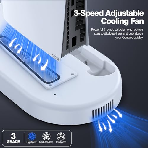AMZDM Cooling Station PS5 Slim Stand PS5 Pro Cooling Fan with Charging Station PlayStation 5 Console Cooler with Docking Station Controller Charger PlayStation 5 Pro & Slim Disc & Digital White
