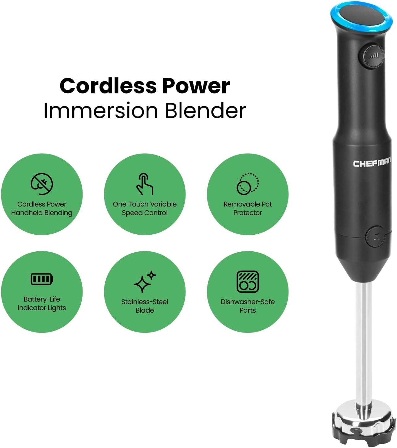 Chefman Cordless Portable Immersion Blender with One-Touch Speed Control - Quick Mix for Shakes, Smoothies, Soups, Dips, Sauces - Black - Stainless Steel Blades - BPA-Free - Dishwasher Safe
