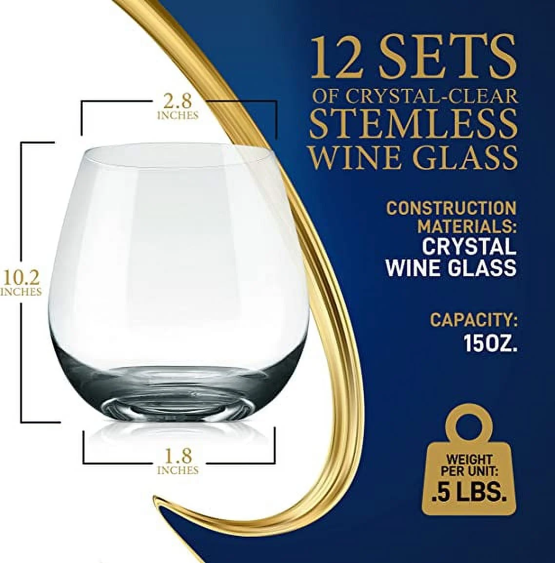 NutriChef 15oz Stemless Wine Glasses Set of 12 Ultra-Thin Elegant Wine Crystal Glass Drinkware