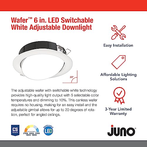 Juno WF6 ADJ SWW5 90CRI MW M6 Wafer-Thin LED Downlight, Adjustable Trim, Switchable CCT 2700K, 3000K, 3500K, 4000K, and 5000K, 90+ CRI, Matte White, 6-Inch