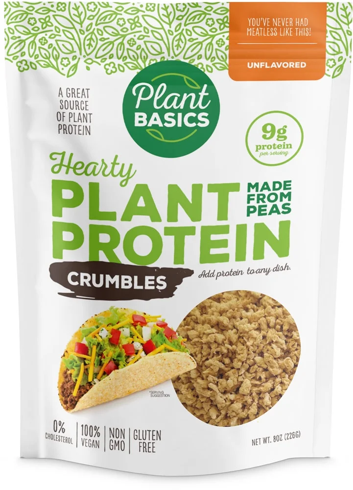 Plant Basics - Hearty Plant Protein - Unflavored Crumbles, 8 oz (Pack of 6), Made from Peas, Non-GMO, Gluten Free, Low Fat, Low Sodium, Vegan, Meat Substitute