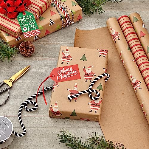 Hallmark Christmas Wrapping Paper Rolls, Brown Kraft Holiday Gift Wrap (Pack of 3: 90 sq. ft. ttl) Kraft with Santas, Trees, Stripes