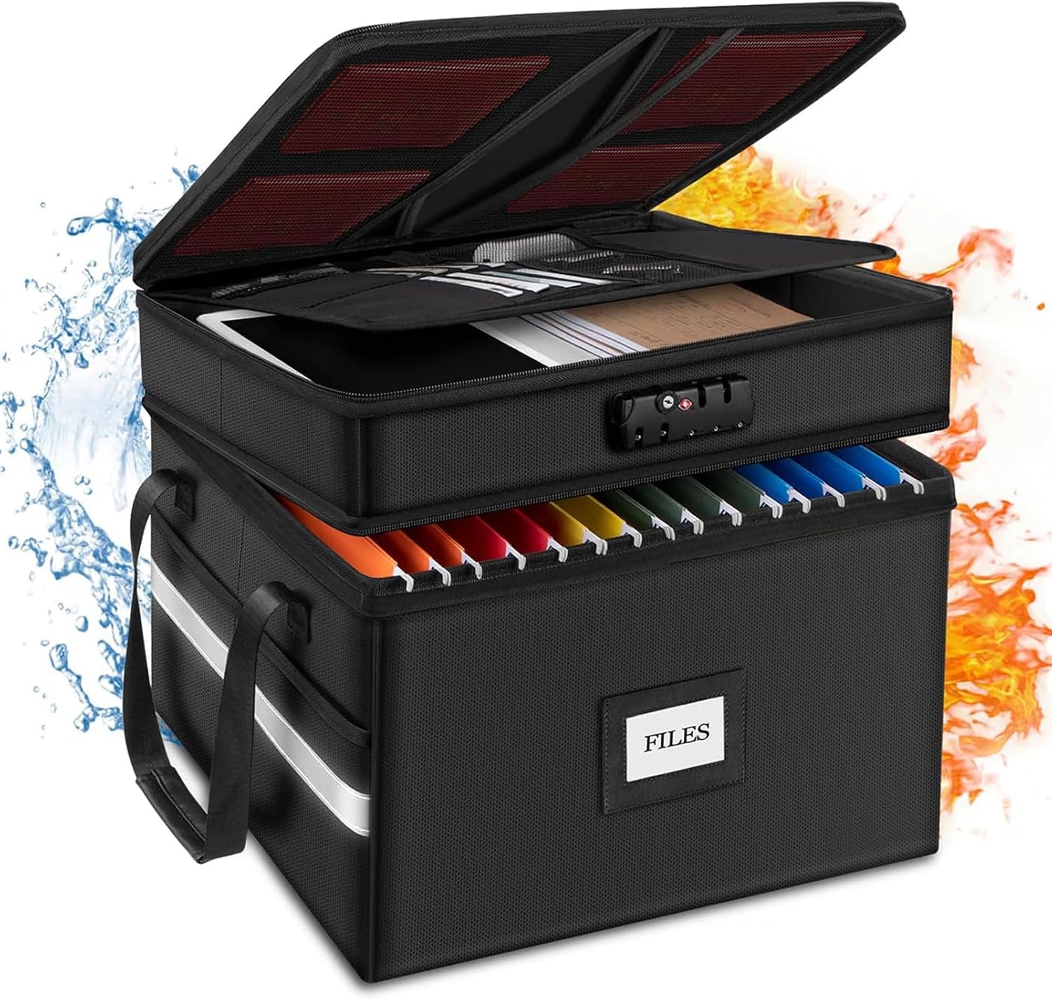 2 Layer Fireproof Document Box with Lock, File Box Water-Resistant File Organizer File Cabinet, Portable File Organizer Document Safe for Home Office Letter Legal Folder (Black)