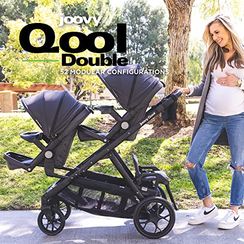 Joovy Qool Double Bundle Double Stroller with Reconfigurable Seats, Magnetic Safety Harness with Padding, UPF 50 Sun Canopy, and Large Storage Basket, Jet