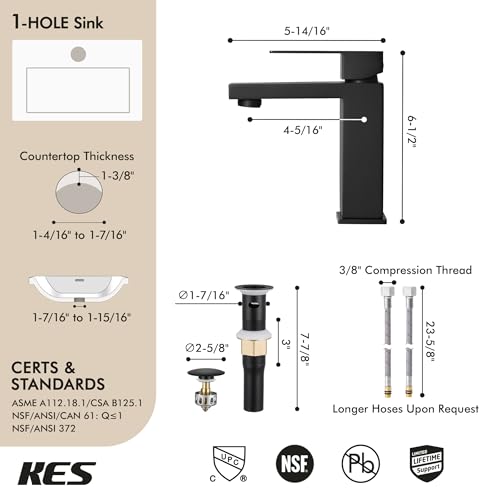 KES Vessel Sink Faucet, Black Bathroom Faucets, Tall Bathroom Faucets with Sink Drain with Overflow, L3156BLFF12-BK-C1