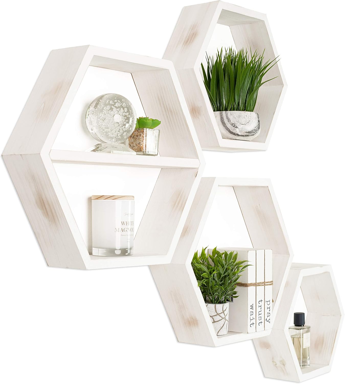 Extra Large Hexagon Floating Shelves Set of 4 - Honeycomb Shelves - Octagon Shelves Rustic White - Wall Shelves Honeycomb Decor - Wooden Honey Comb Hexagon Shelf for Wall - Geometric Hexagonal Shelves